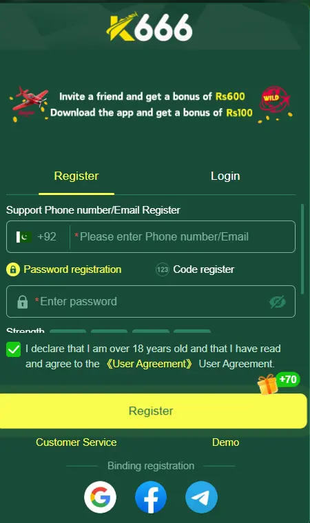 K666 Game registration page on Android mobile screen