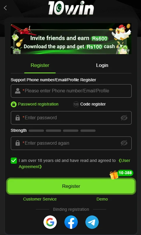 Register on 10Win game to start earning rewards in Pakistan