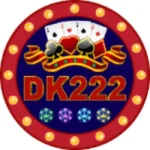 DK222 casino game logo with golden 3D text, crown, cards, dice, and coins on a red luxury gaming background