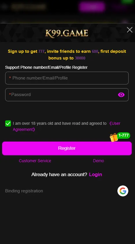K99 game registration screen showing new user signup form on mobile APK