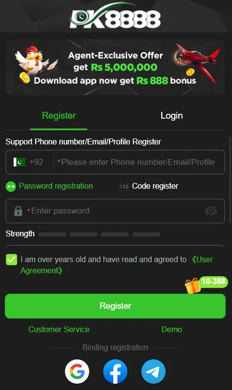 PK8888 game registration page on mobile