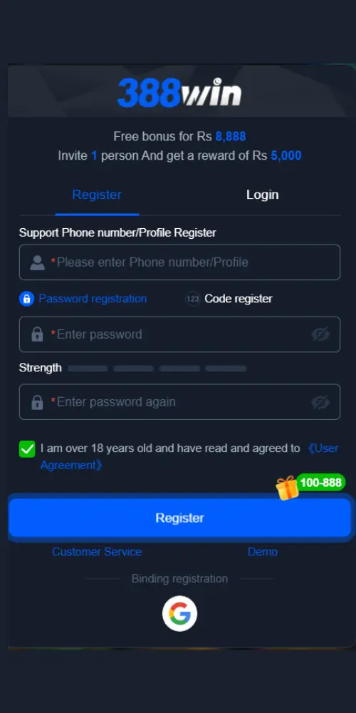 Registration screen of 388Win APK game showing sign-up form and mobile earning options.