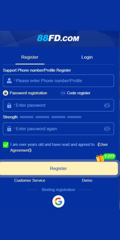 88ED game registration screen on Android showing account sign up and mobile number verification