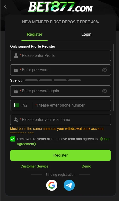 Bet877 Game Register